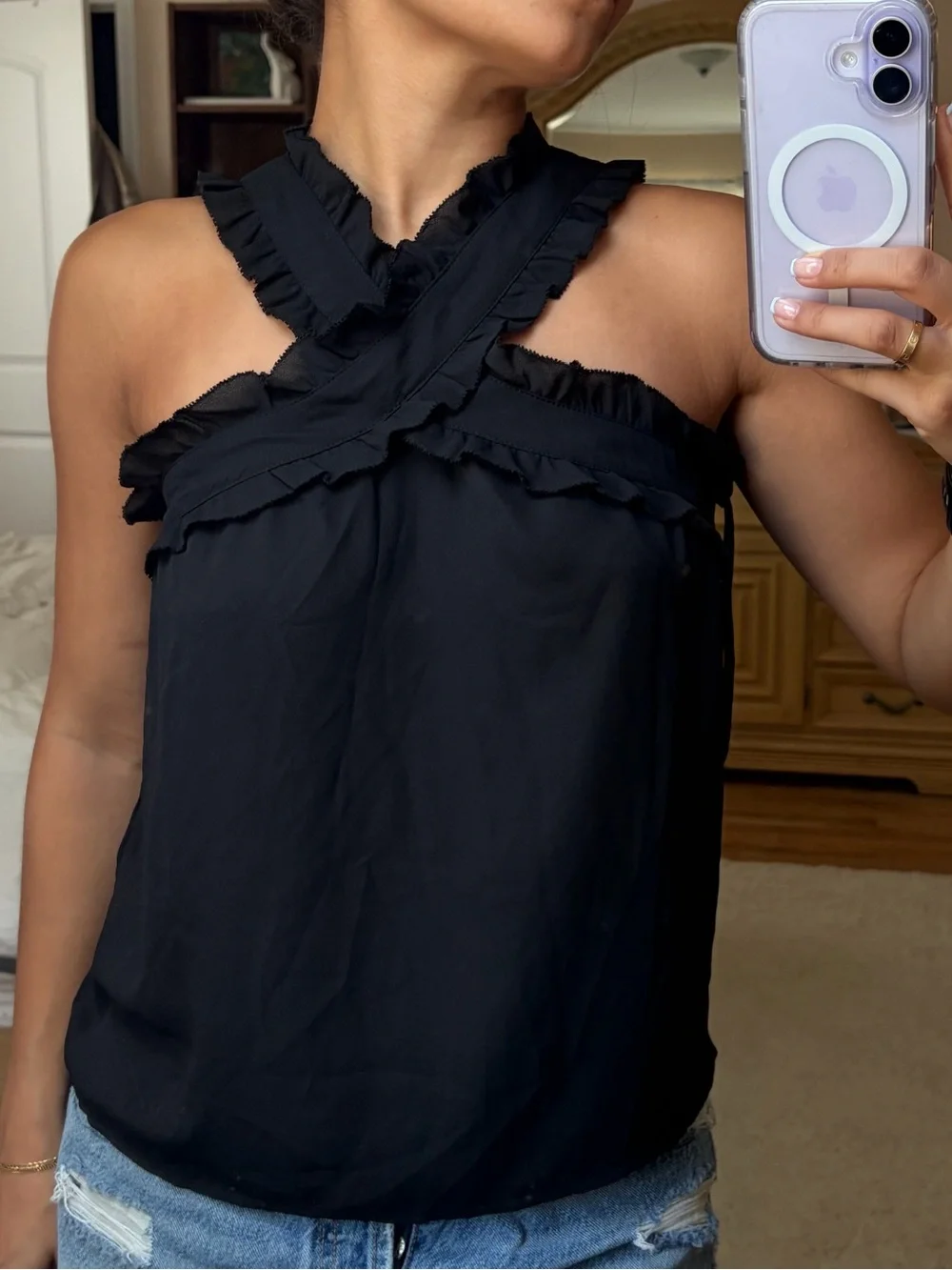 J. Crew Black Ruffled Cross-Strap Camisole